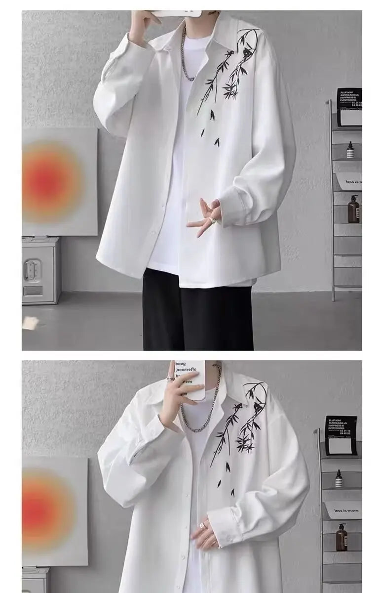 New Chinese Sle Long Sve Men's irt Embroidered Casual Thin Spring Loose Haome Cotton Flannel irt Jaet