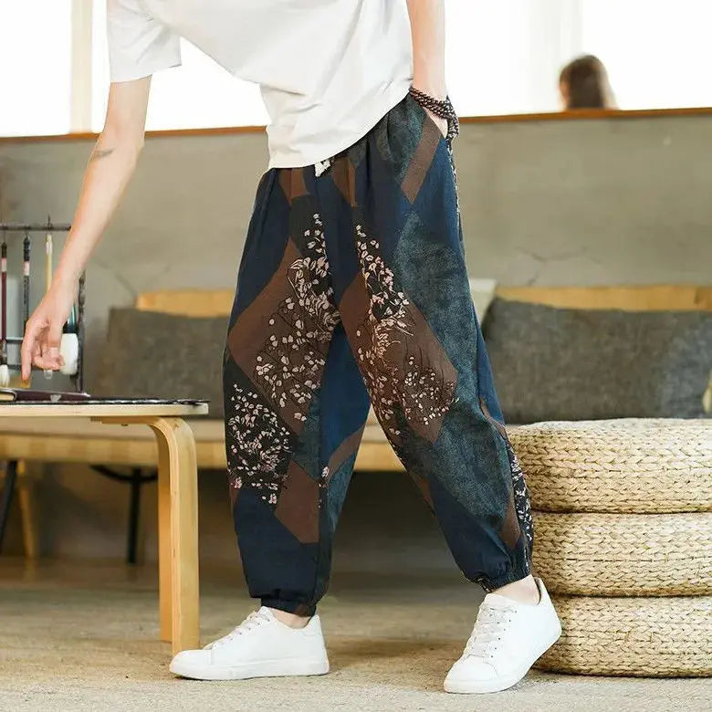 Spring and Summer Chinese Men Loose Printed Beach Thin Over-knee Casual Trousers