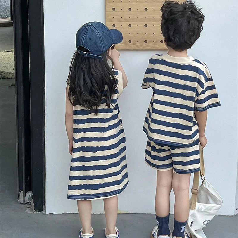 Summer New Sister And Brother Set Girls Striped Sleeveless Dress Fashion Boys Short Sleeve Two Piece Set