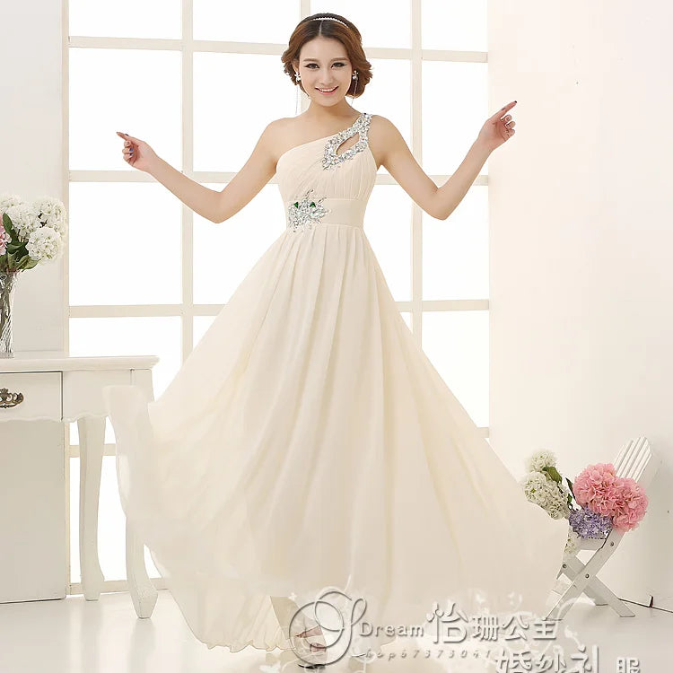 M108 Customized One Shoulder Chiffon Bridesmaid Dresses Bride Crystal Acrylic Diamond Jewelry Sexy Bespoke Occasion Dress Long