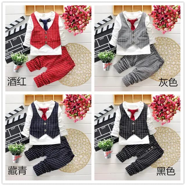 Baby Boy Clothes Formal Suit Gentleman Tie Plaid Vest Tops Trousers